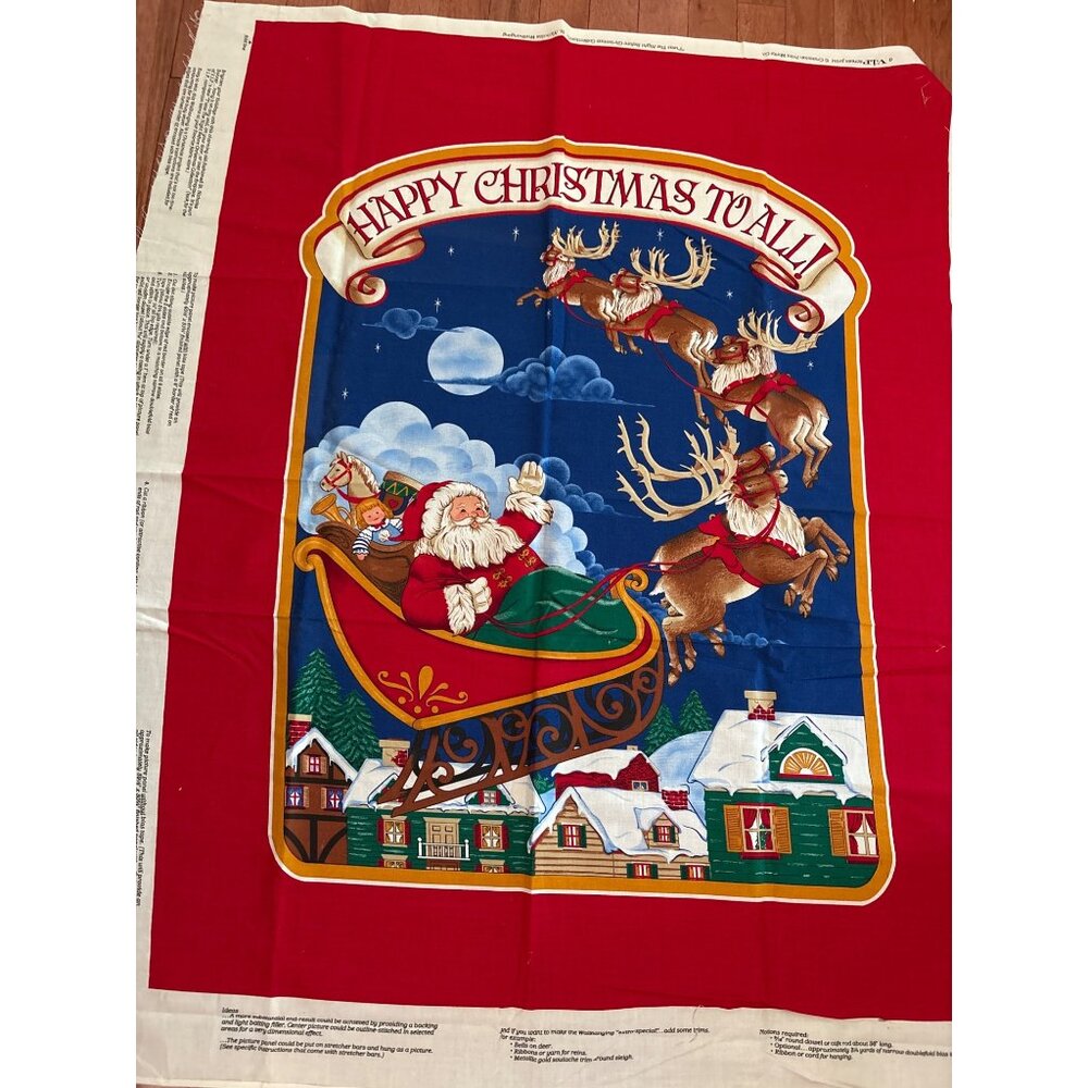 Vintage "Happy Christmas To All" Santa Claus & Reindeer Fabric Panel 44"W Cotton